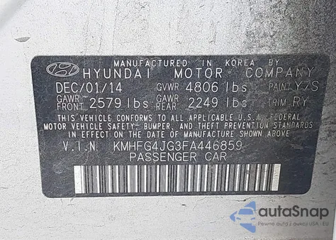 2015 Hyundai Azera z USA, uszkodzony, nr VIN KMHFG4JG3FA446859